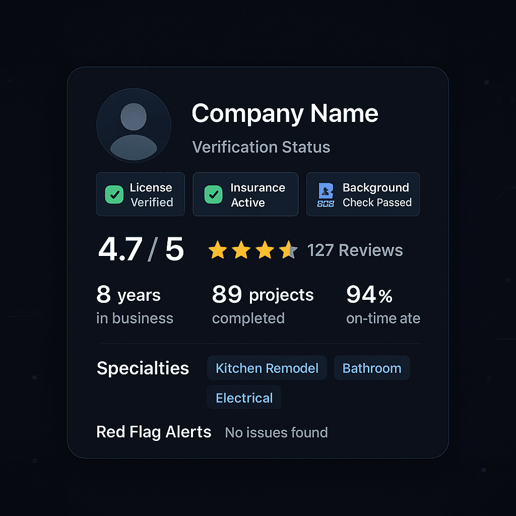 Contractor verification profile with badges and credentials