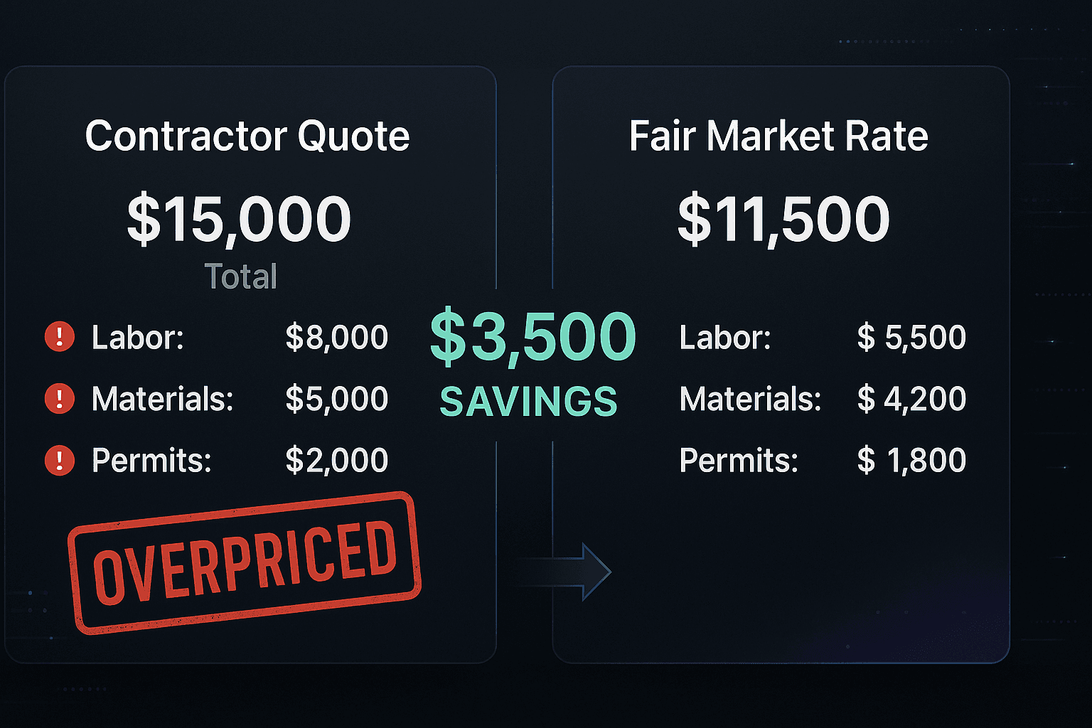 Price comparison showing inflated quote vs fair market price